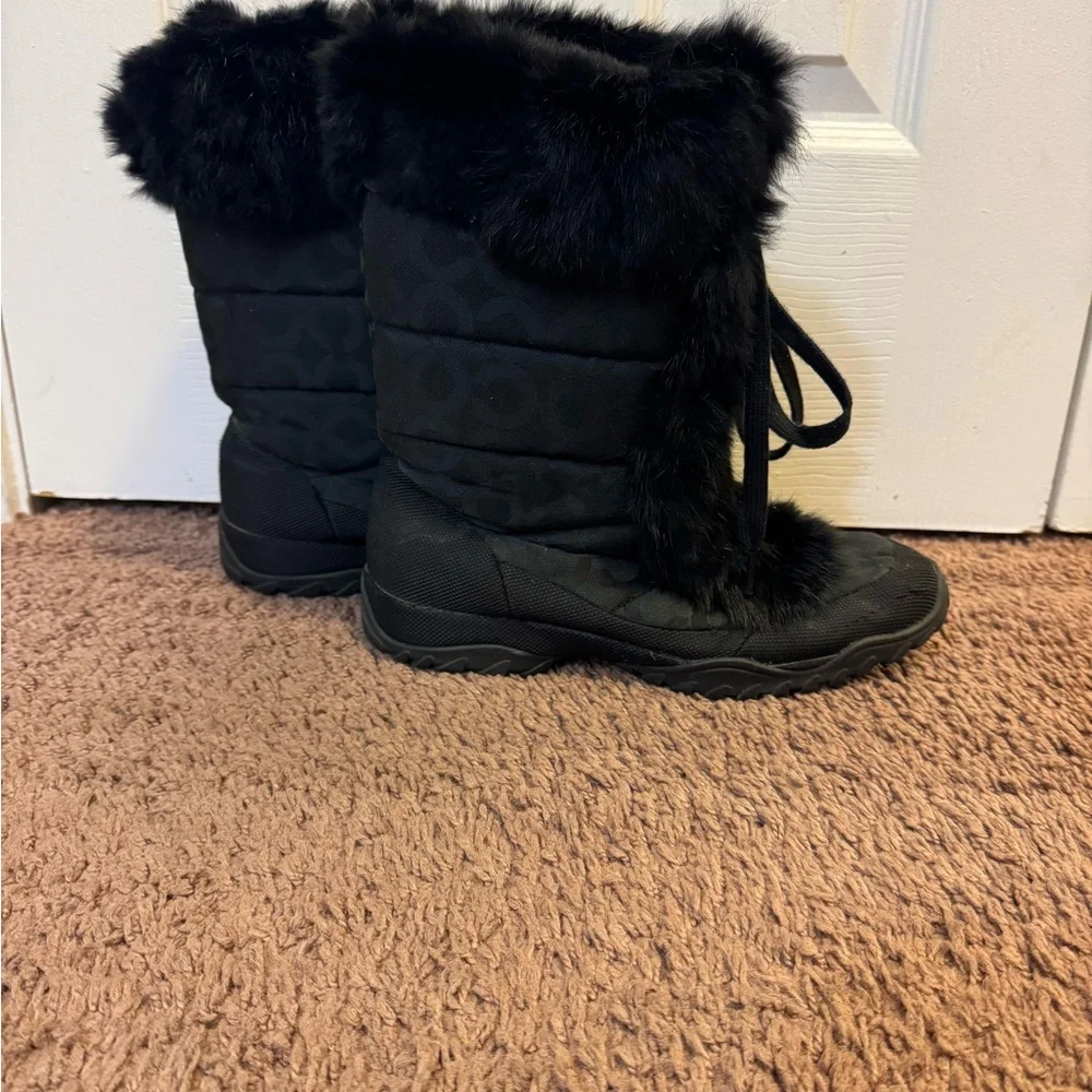 COACH Jennie Rabbit Fur Trim Monogram Snow Boots Black Size 9 - Picture 2 of 16